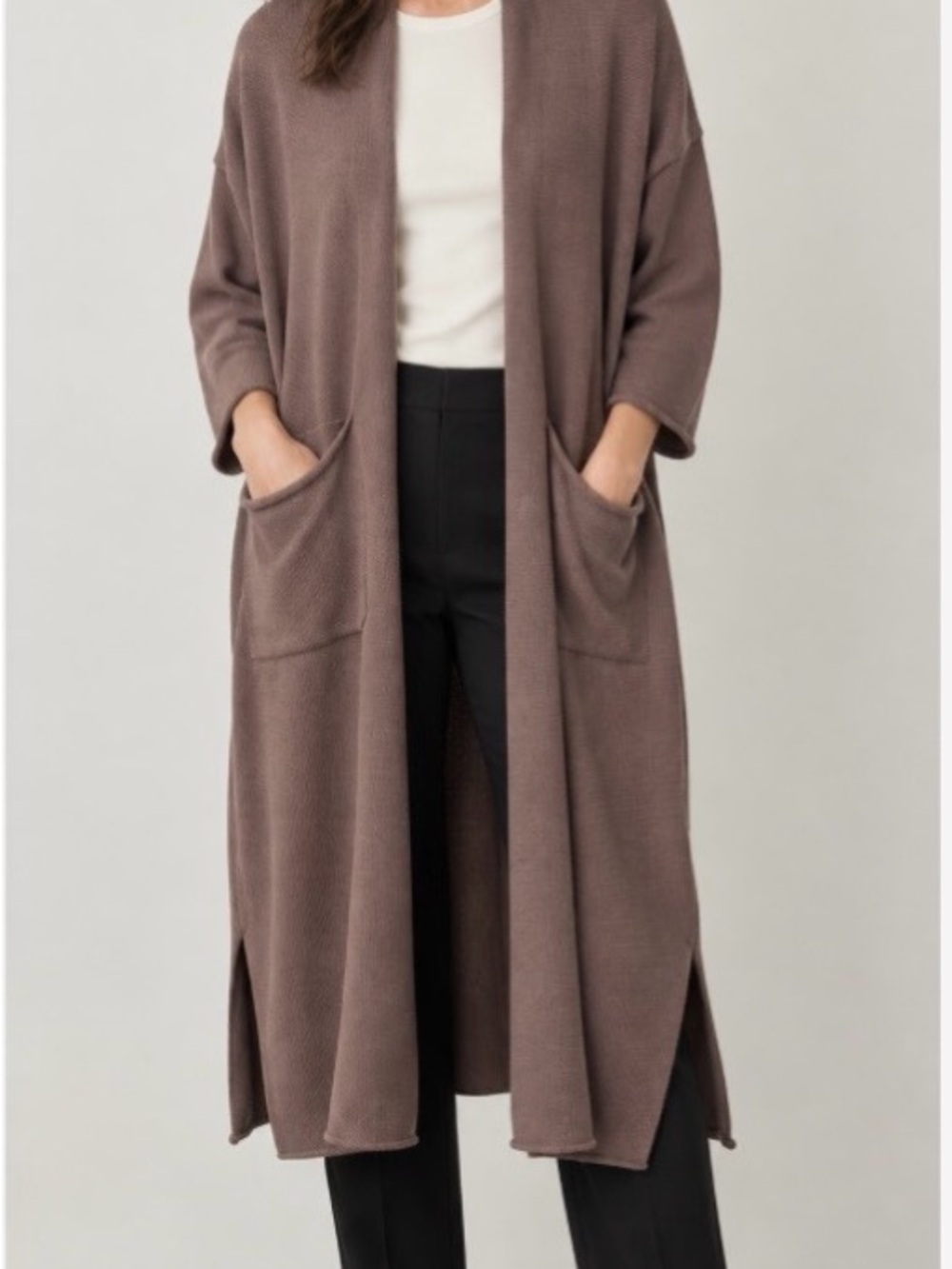Long Open-Front Taupe Women's Cardigan with Pockets